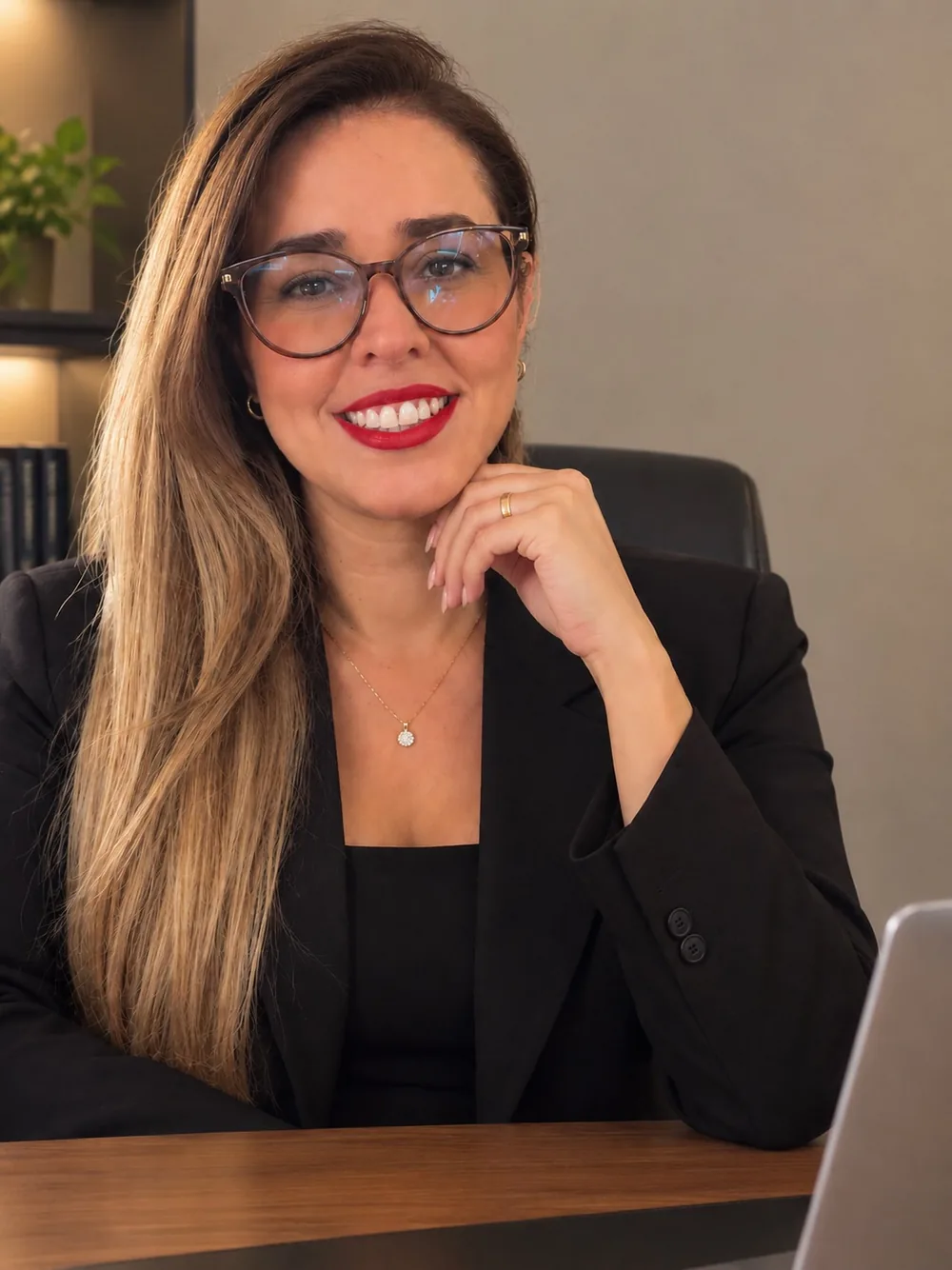 Dra. Maria Hermínia Werneck, advogada, de blazer preto, óculos e cabelo longo, sorrindo com a mão apoiada no queixo, sentada à mesa do escritório.